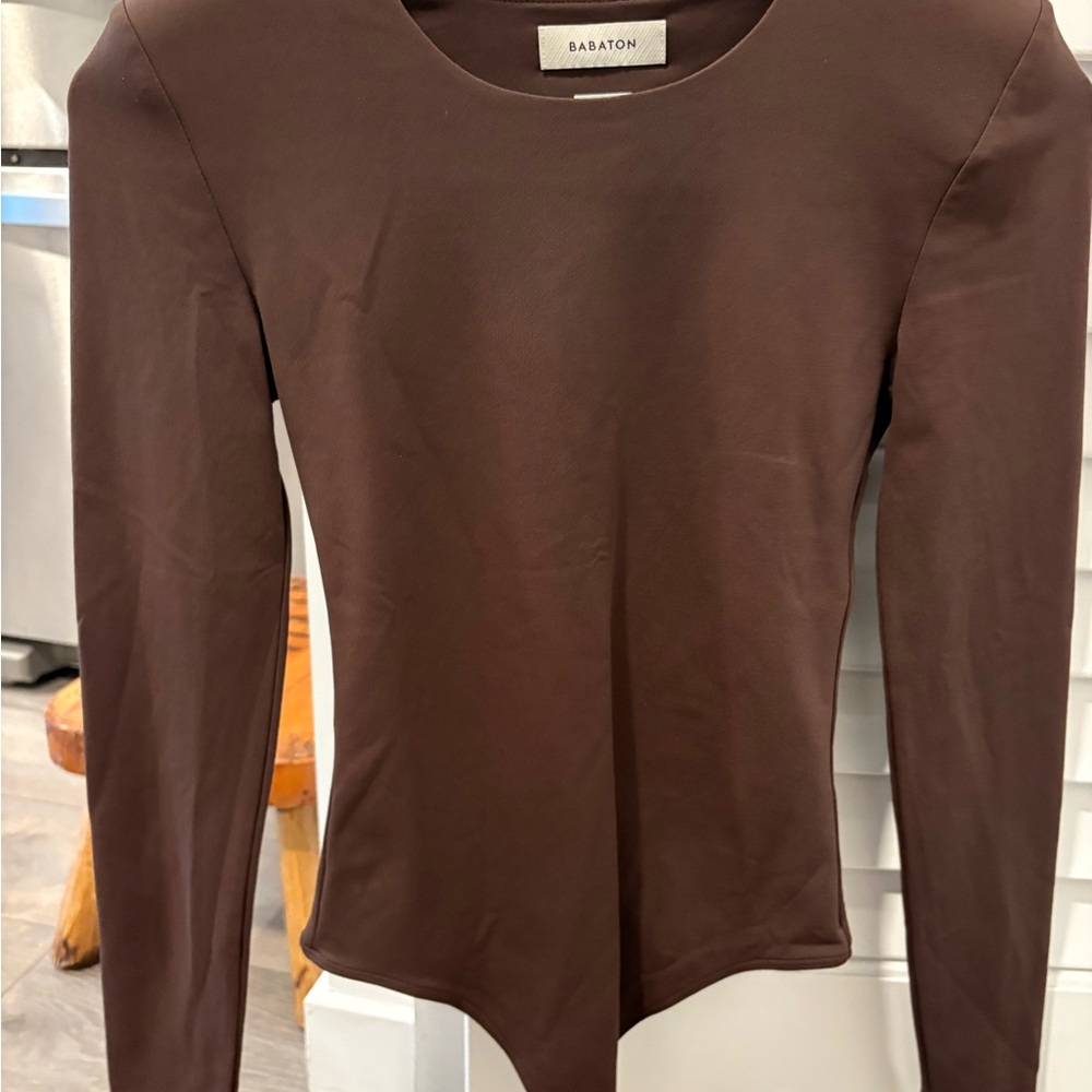 Babaton Brown padded shoulder Long Sleeve bodysuit